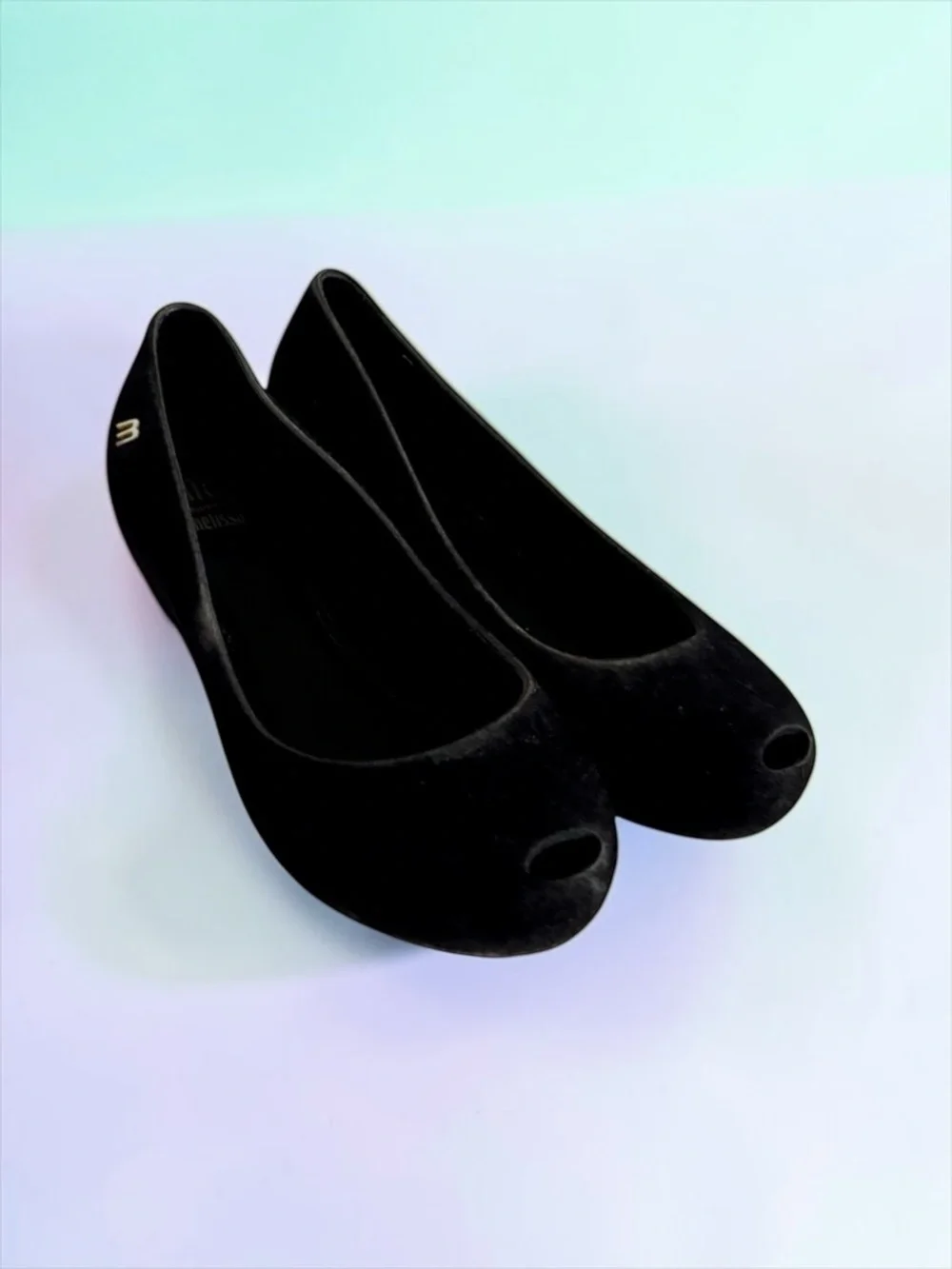 Mini Melissa Peep‑Toe Flats Black Velvet Matte Girls Size 13 Like New